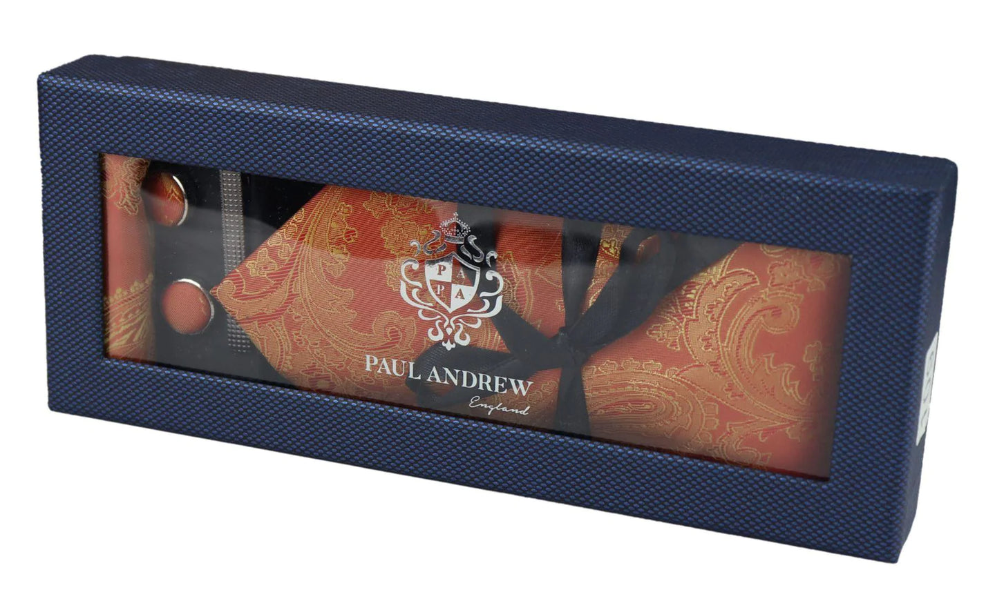 Paisley Neck Orange Tie Gift Set Pocket Square Cuff Links Tie Floral Satin