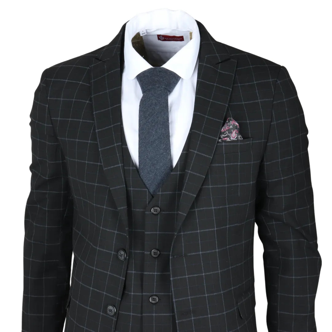 IM3 Men's Black Checked Tailored Fit 3-Piece Suit