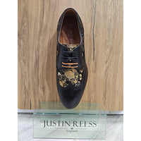 Ross - Men's Floral Print Leather Black Brogue Shoes