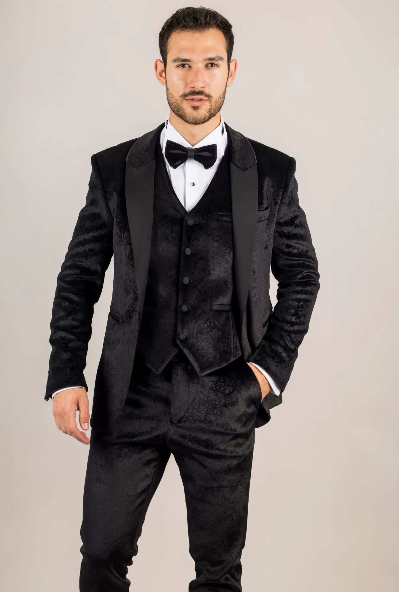 AK-26 Men's Black 3-Piece Velvet Wedding Tuxedo with Satin Lapels