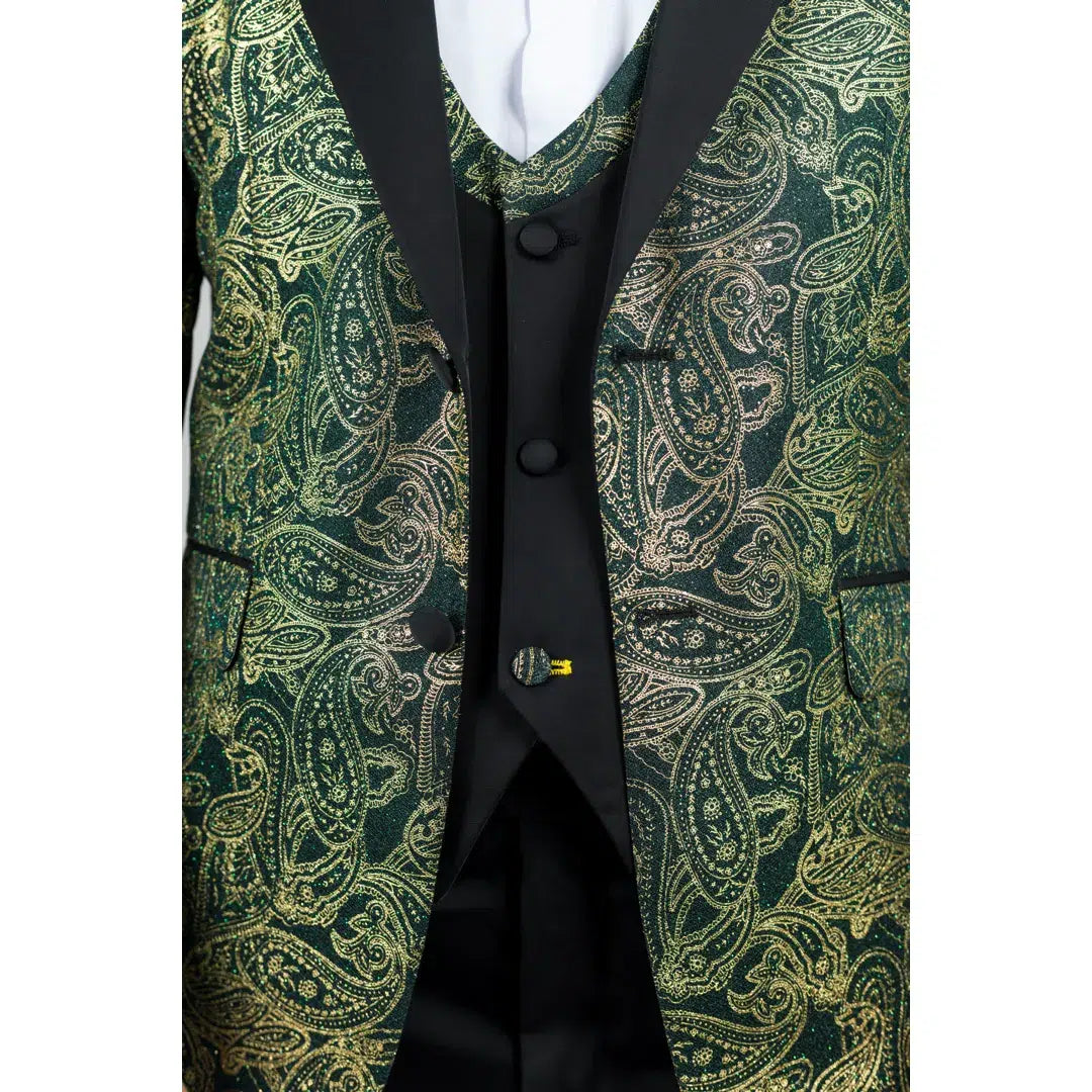 AK-28 - Men's 3 Piece Green Paisley Wedding Suit