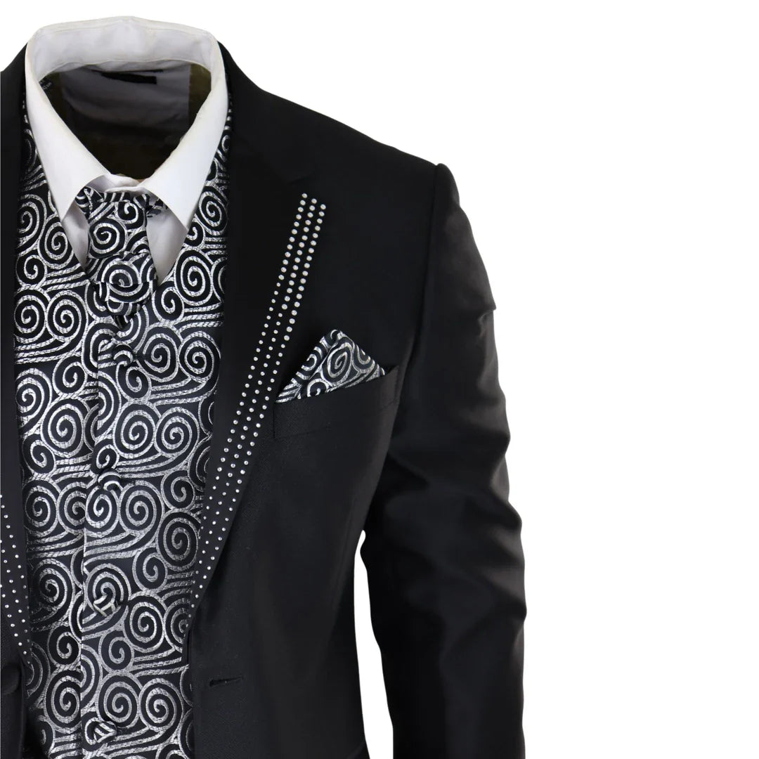 Men's Black 3-Piece Wedding Suit with Silver Cravat and Embellished Waistcoat