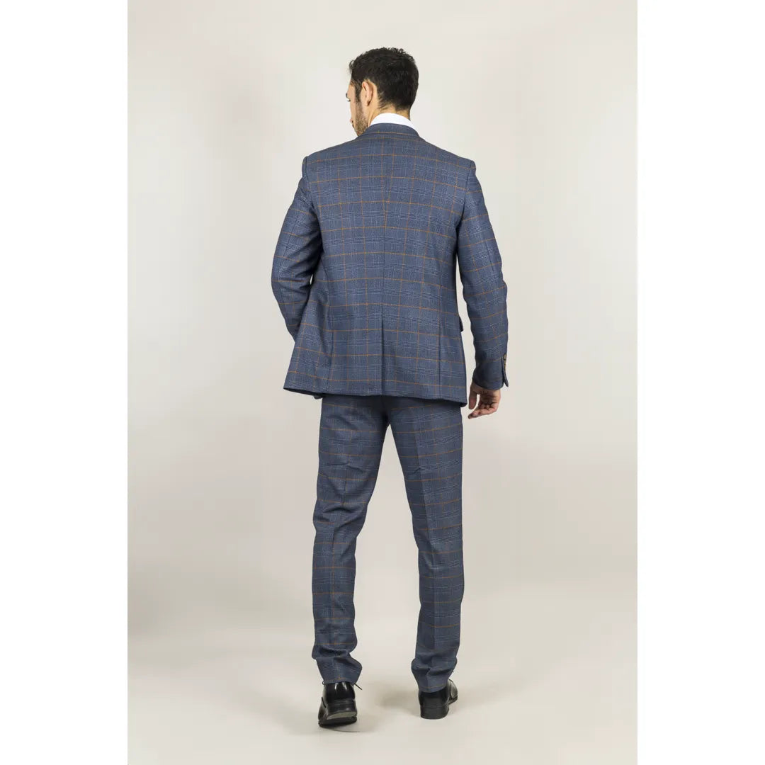 Gisborne Men's 3-Piece Navy Checked Suit with Mustard Accents