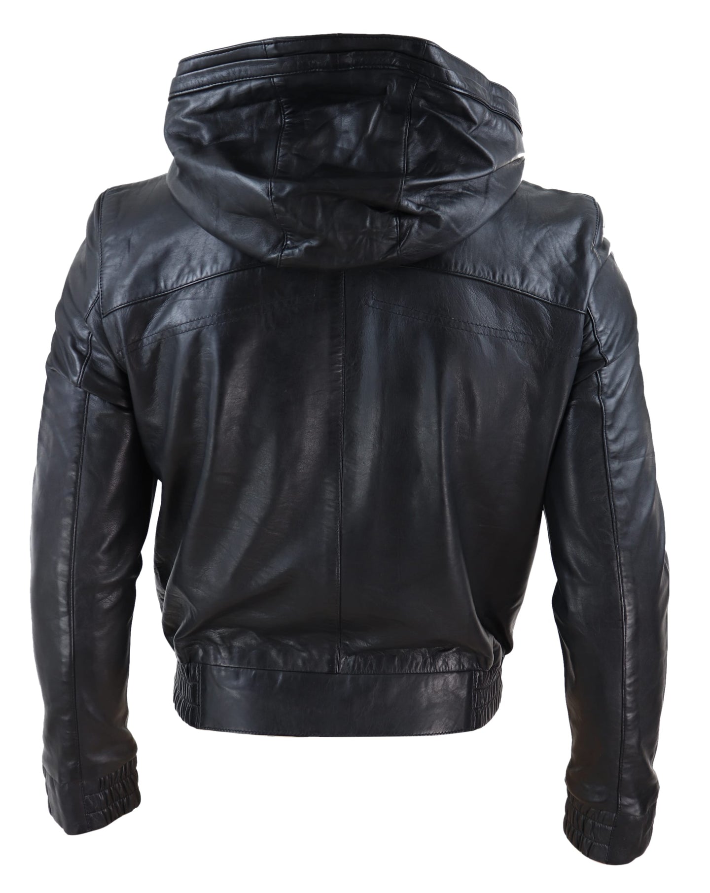 Mens Black Leather Bomber Jacket with Hood
