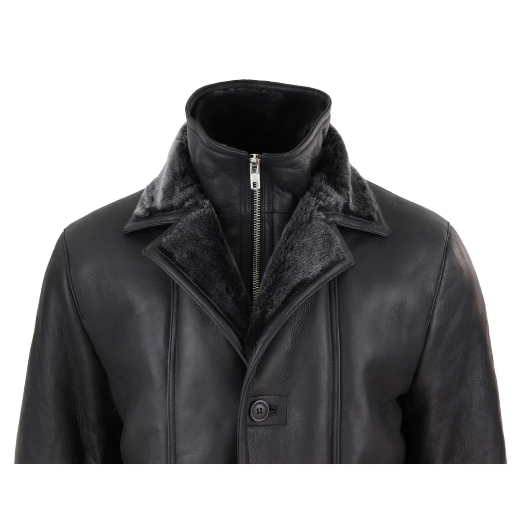Men's 3/4 Duffle Jacket Sheepskin Long Button Zip Warm - Black