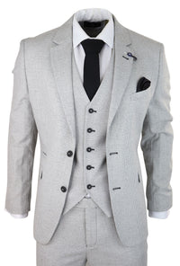 Mens 3 Piece Light Grey Black Check Suit Tailored Fit Retro Vintage Classic Smart