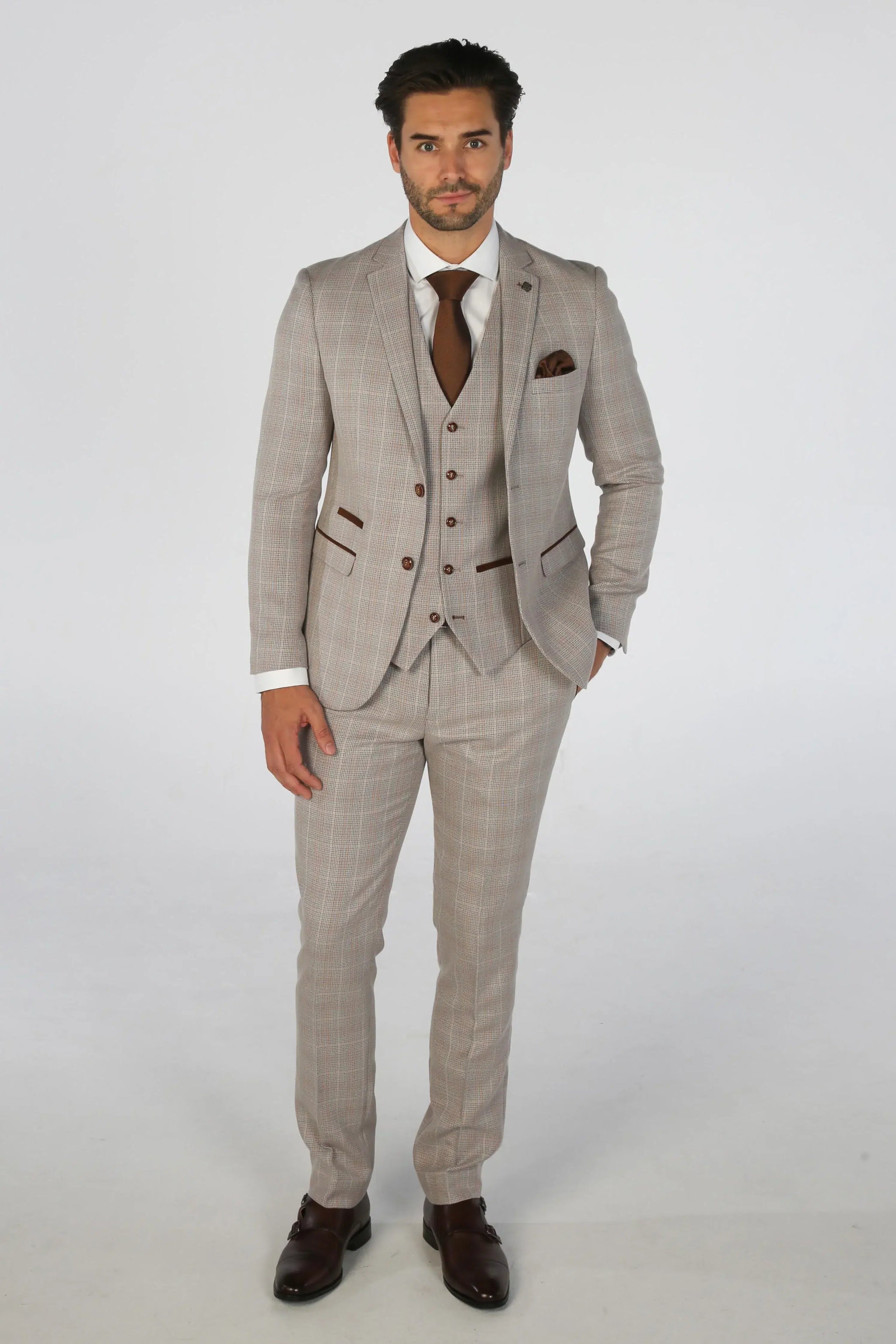 Leo - Men's Beige 3 Piece Checked Tailored Fit Suit