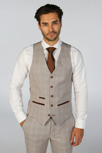 Leo - Men's Beige 3 Piece Checked Tailored Fit Suit