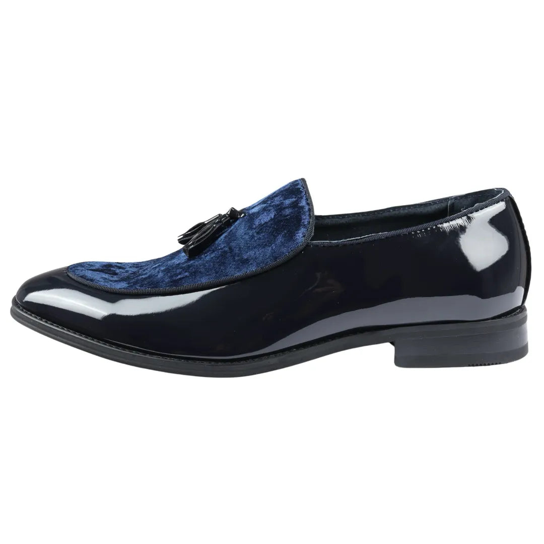Men's Slip On Tassel Velvet Detailed Patent Navy Loafers
