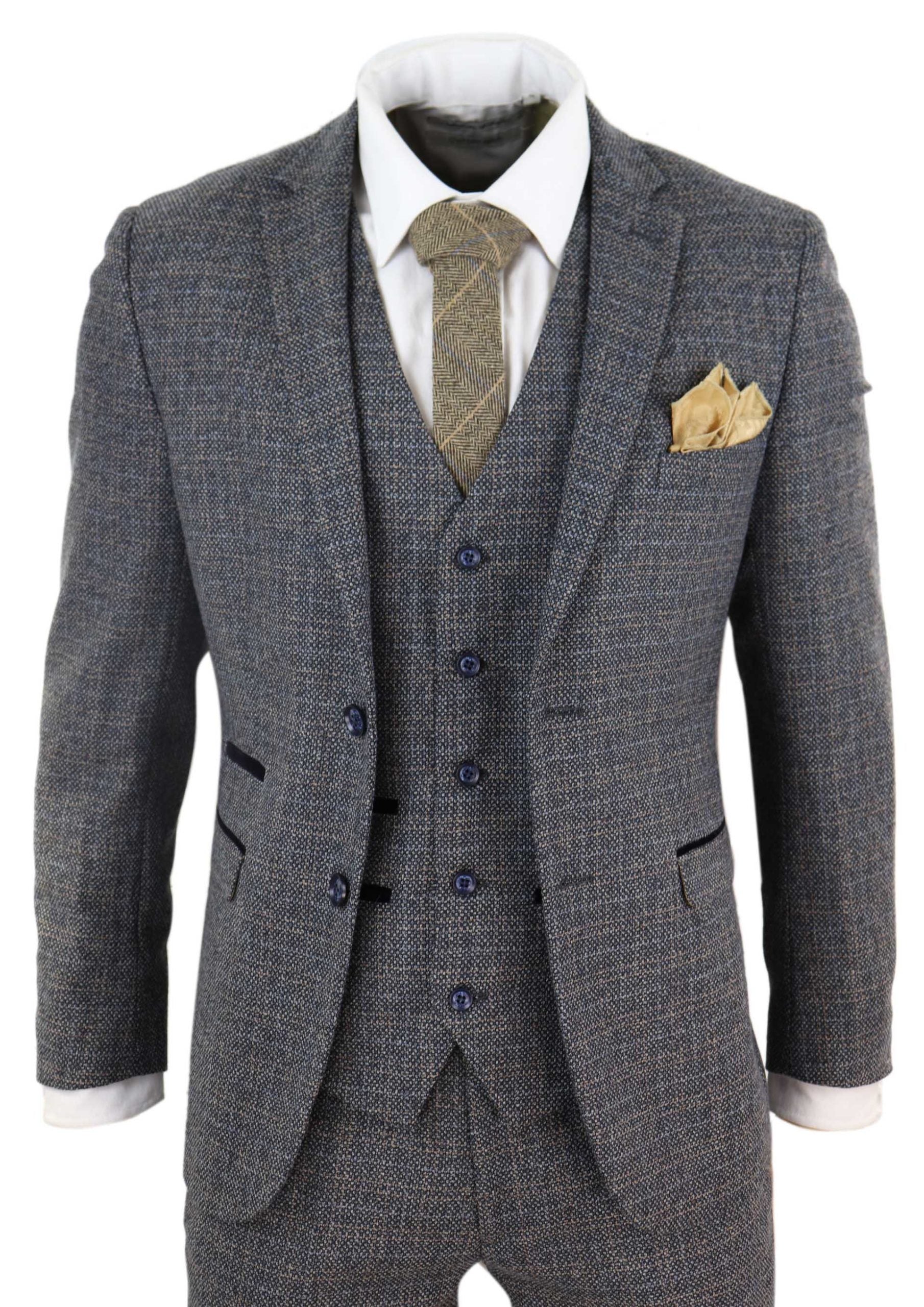 Mens 3 Piece Tweed Check Suit - Navy Blue