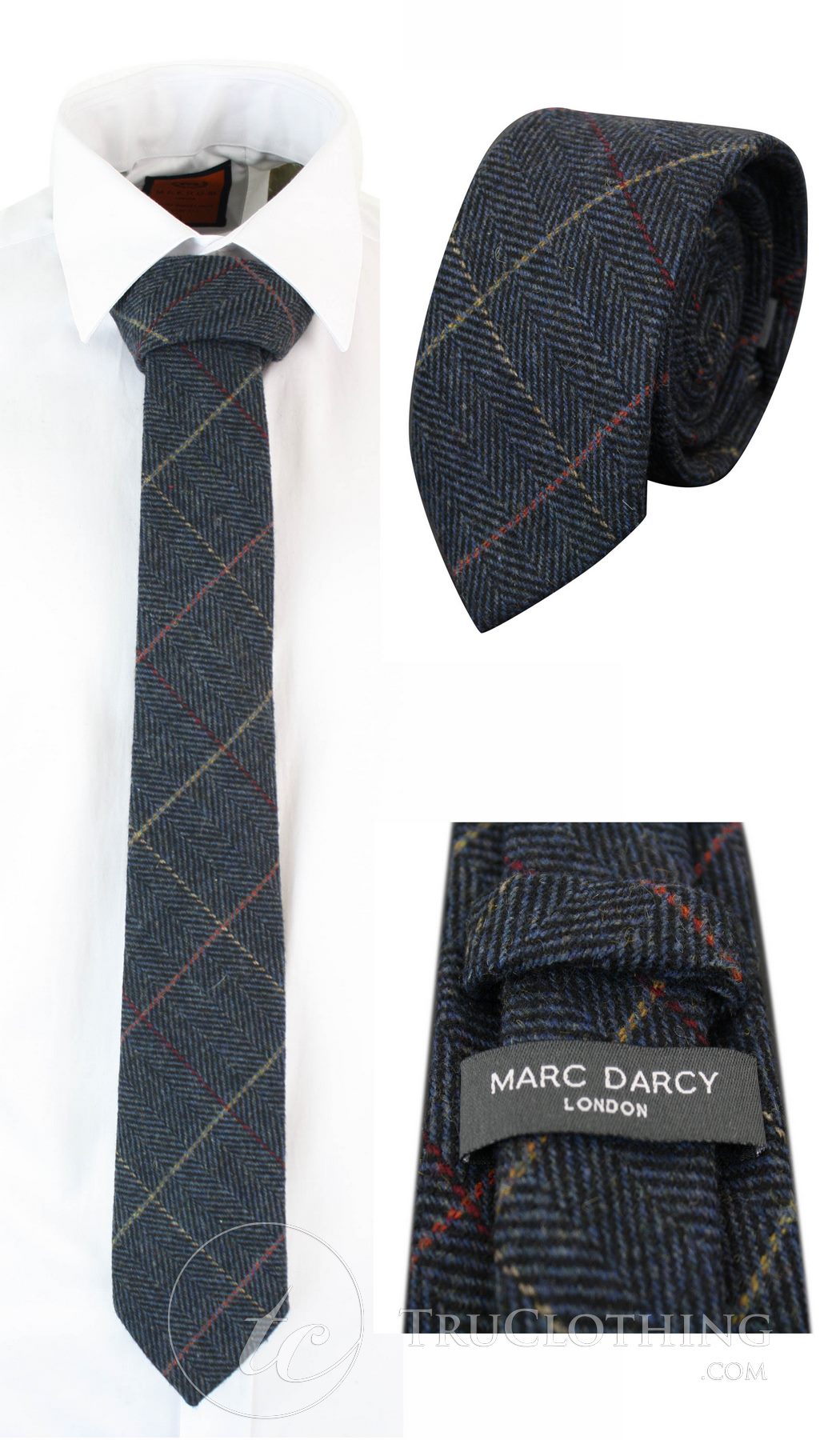 Mens Tweed Herringbone Textured Marc Darcy Ties Classic Vintage Retro Eton Navy Blue