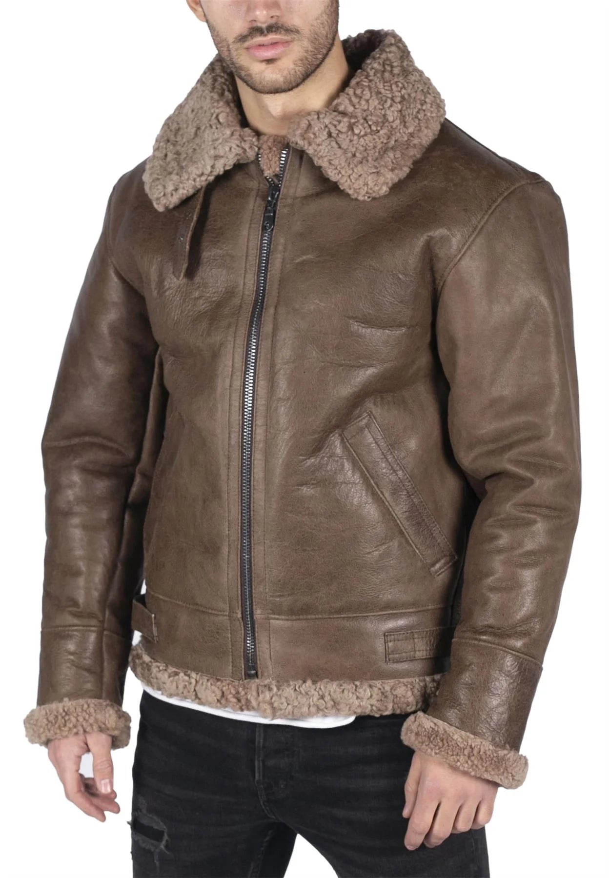 Mens Genuine Sheepskin Leather B3 Flying Aviator Vintage Brown Teddy Sheep Fur