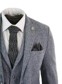 Men's Light Grey 3 Piece Tweed Herringbone Suit - STZ11
