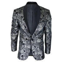 STZ64-65 - Men's Velvet Paisley Floral Blazer Silver Black Tuxedo Jacket