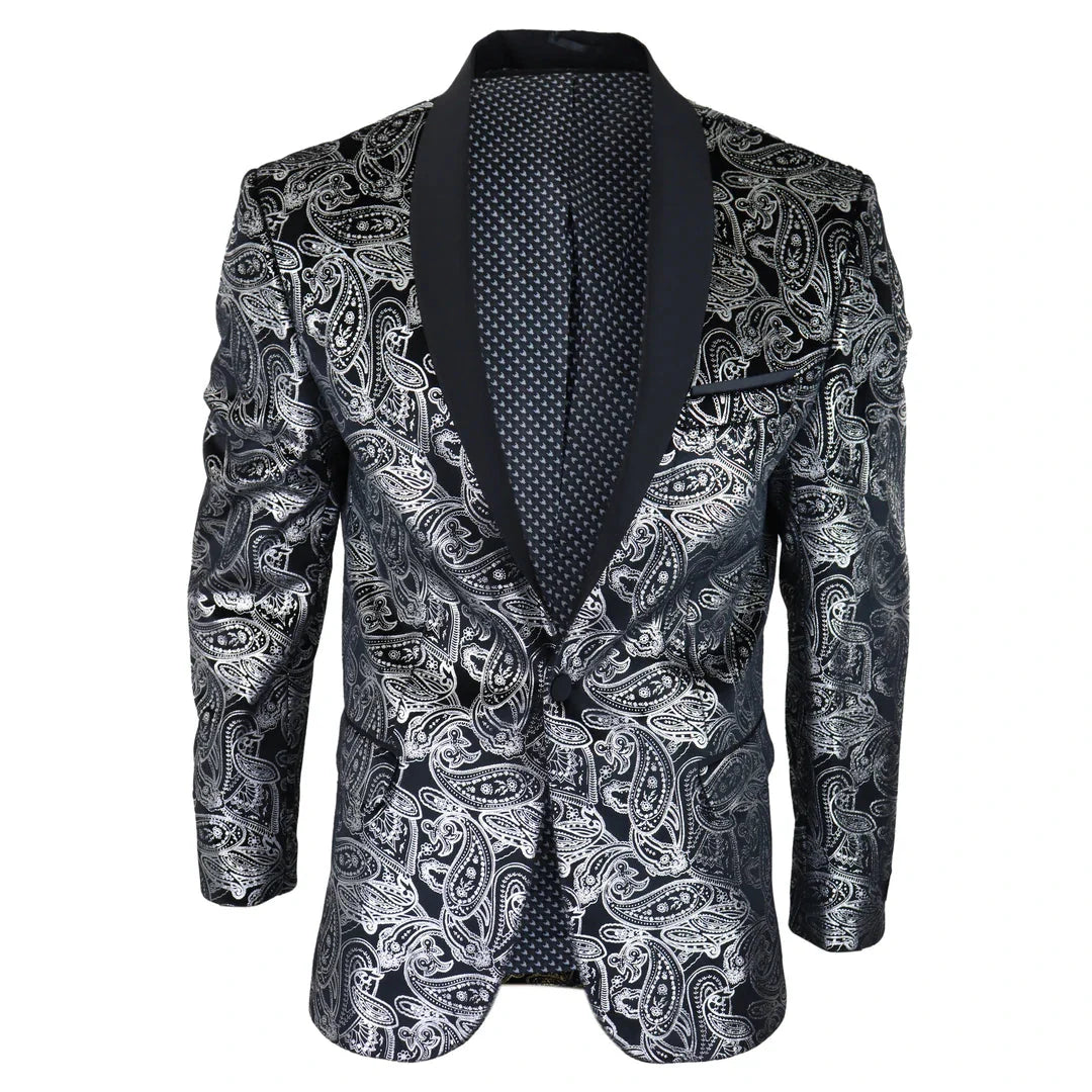 STZ64-65 - Men's Velvet Paisley Floral Blazer Silver Black Tuxedo Jacket