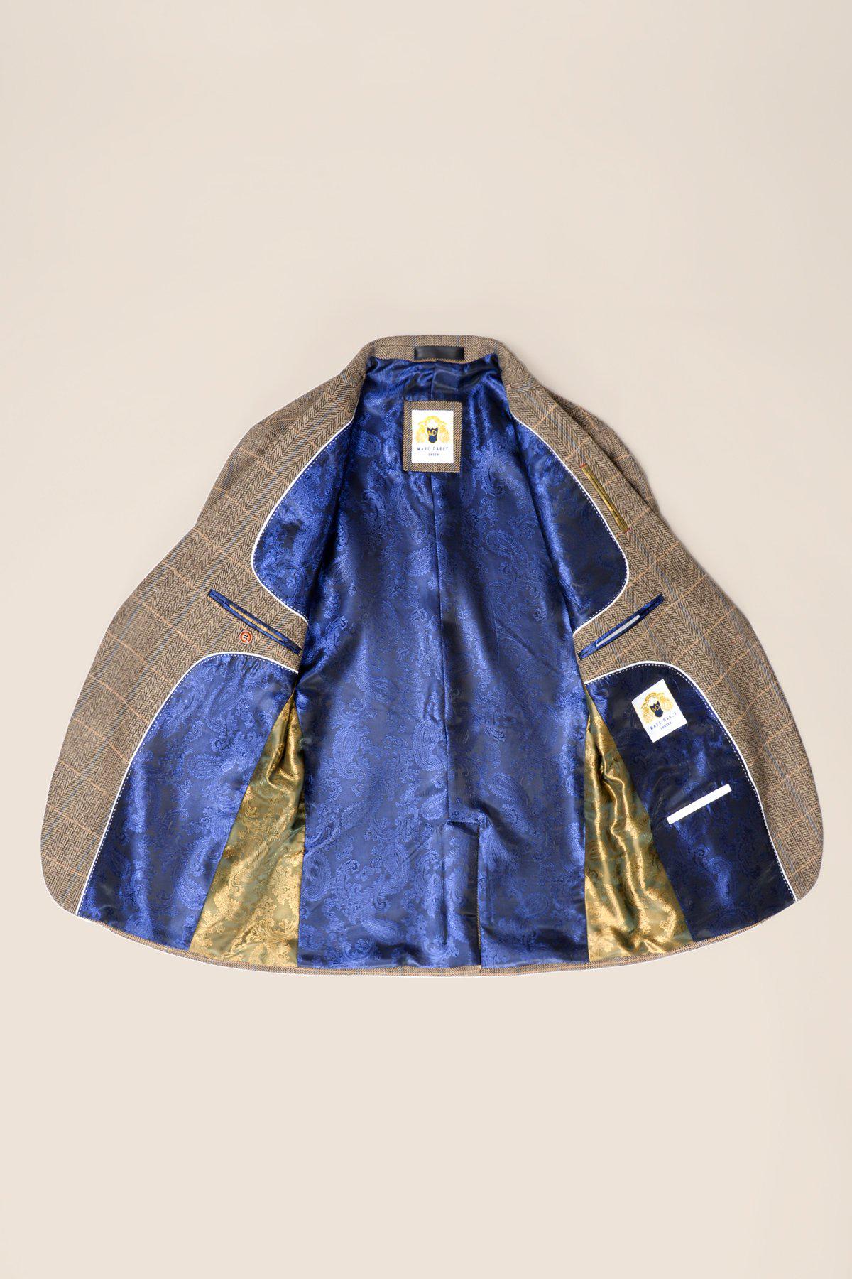 Pánský třídílný tvídový oblek s rybí kostí, hnědý kostkovaný vzor, padnoucí střih, dvojitý klasický střih