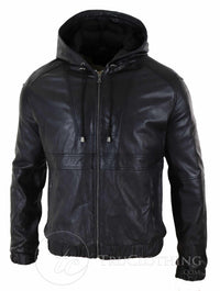 Mens Real Leather Bomber Hood Jacket - Black