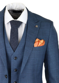 Mens 3 Piece Prince Of Wales Check Suit Blue Classic Light Tailored Fit Modern