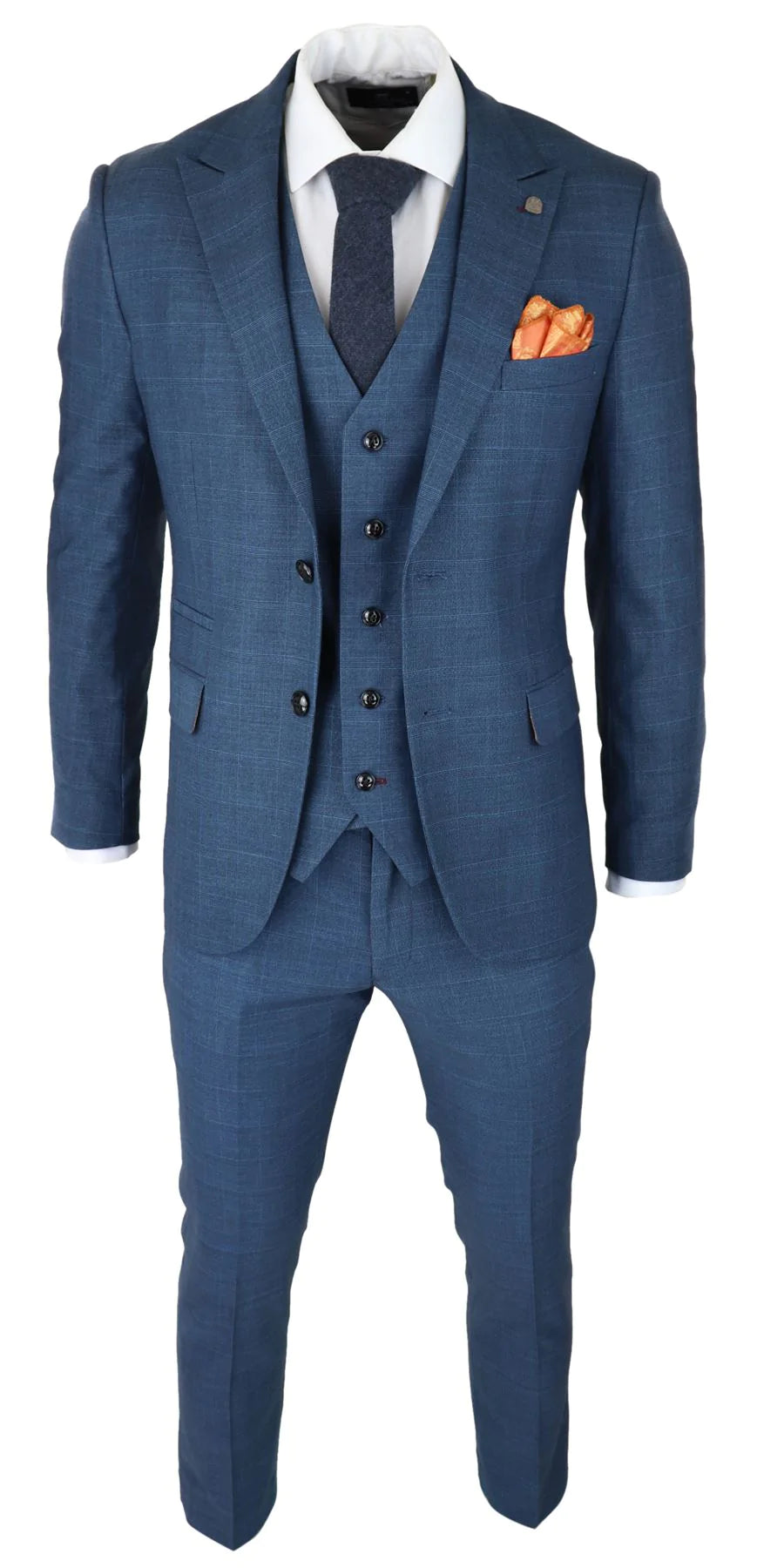 Mens 3 Piece Prince Of Wales Check Suit Blue Classic Light Tailored Fit Modern