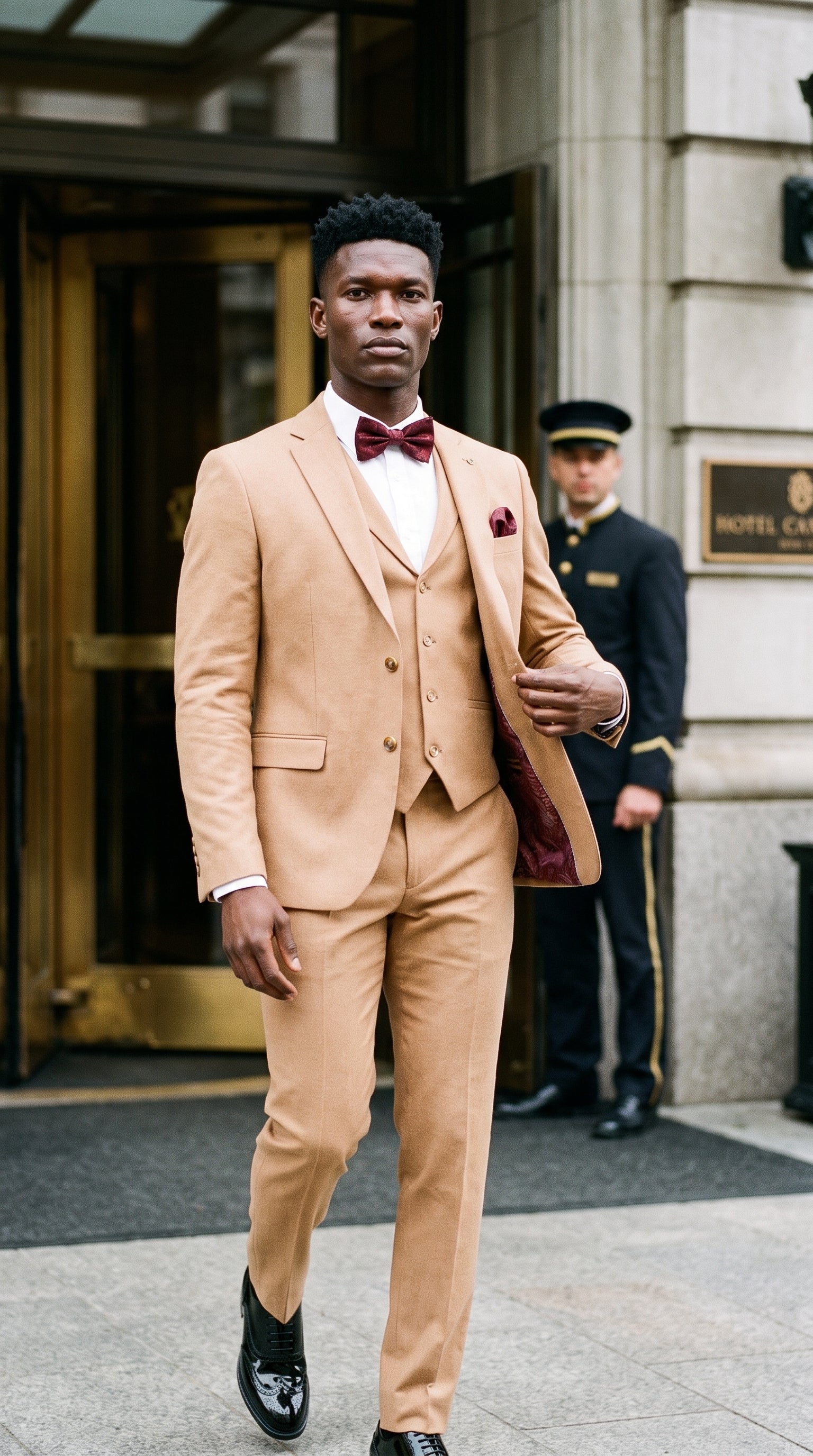 Look #644 styled with TP-23 - Pánský třídílný lněný letní svatební oblek v barvě velbloudí