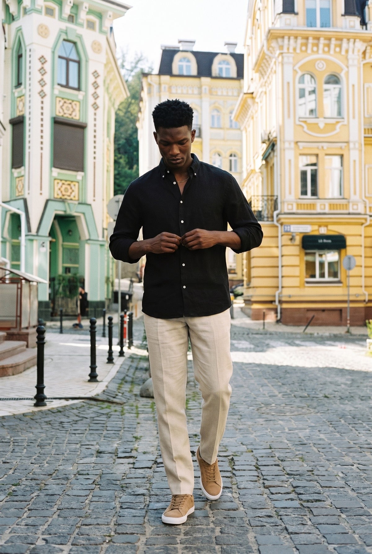 Look #1015 styled with Pánská černá košile s dlouhým rukávem a knoflíky z čistého lnu, letní košile