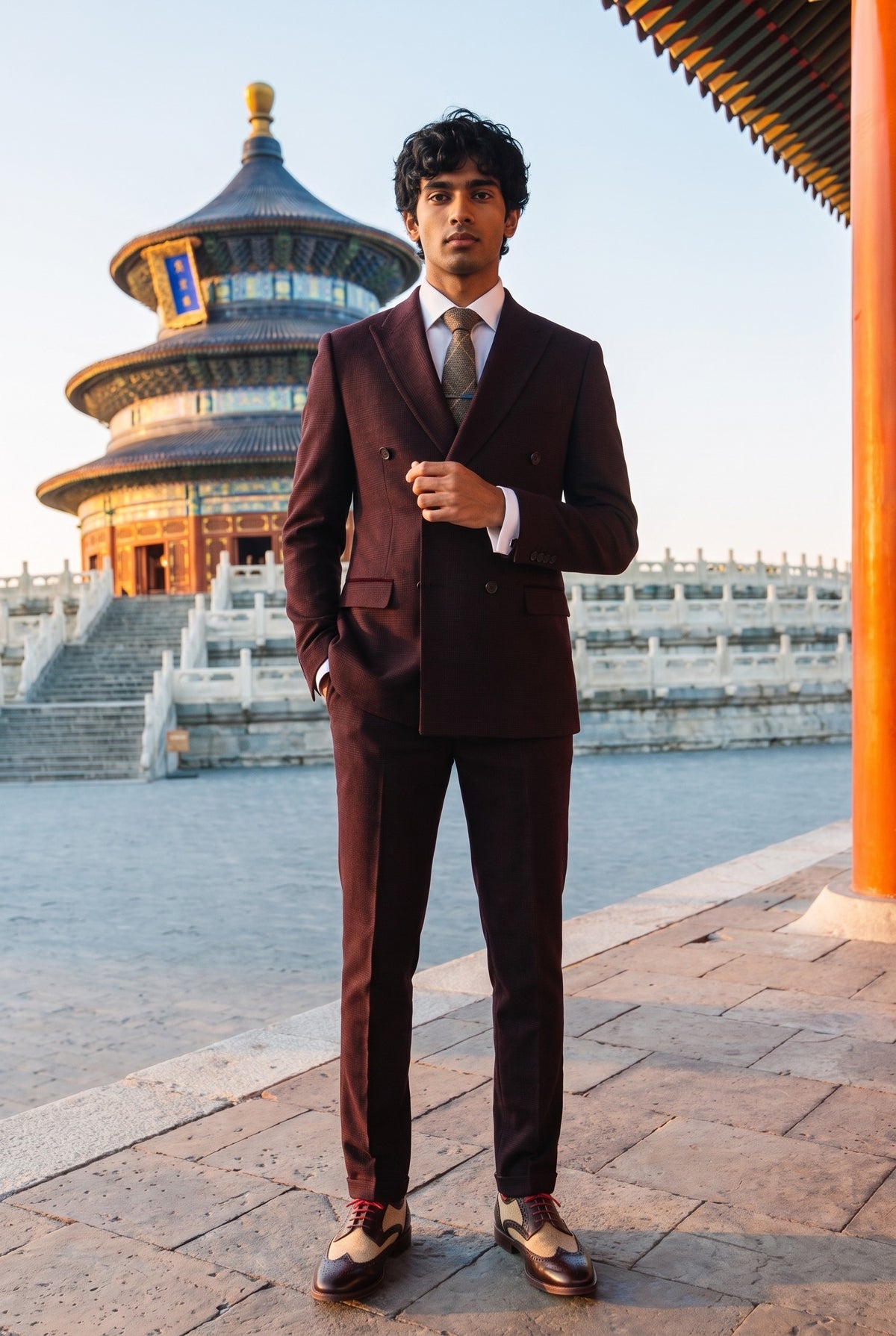 Look #641 styled with Regent - Pánský dvoudílný oblek s dvojitým zapínáním v vínové barvě