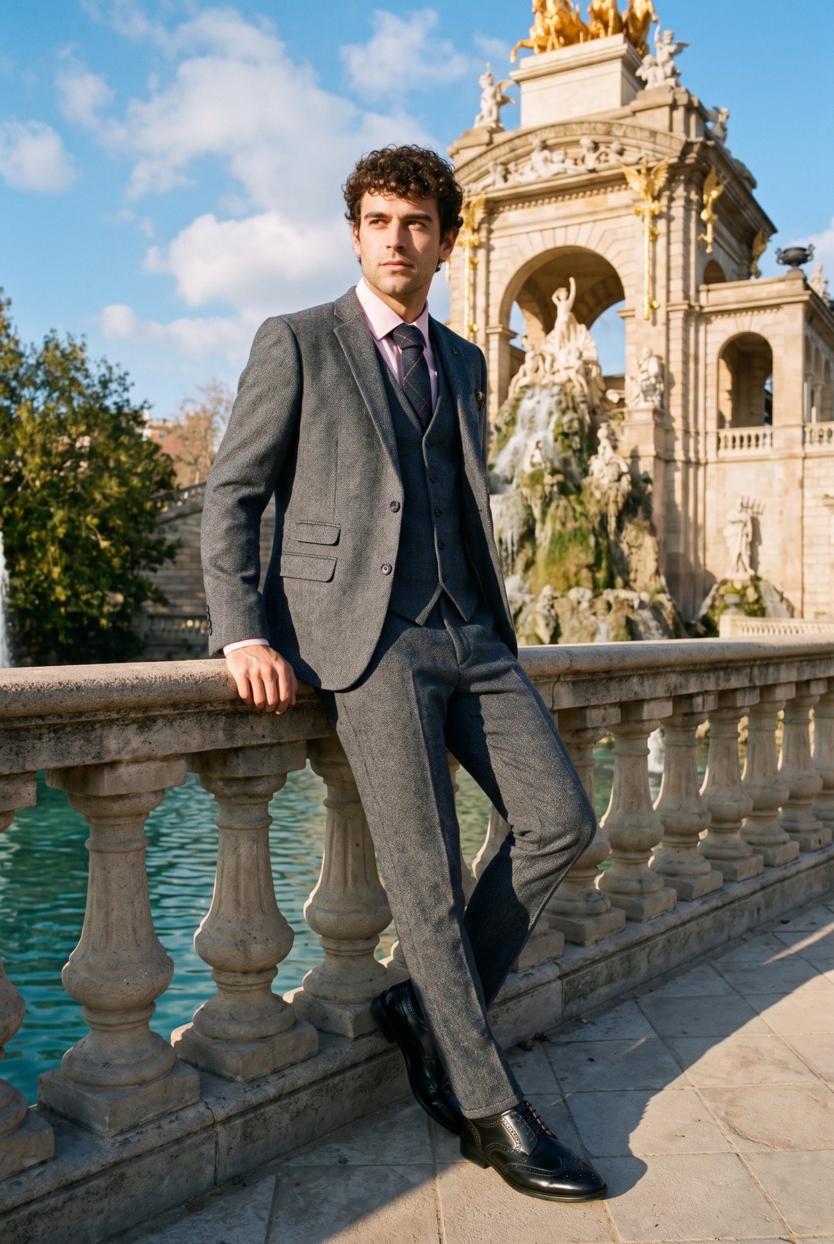 Look #955 styled with Thomas - Pánský třídílný tvídový oblek z vlněné směsi v tmavě modré barvě