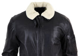 Mens Black Leather Bomber Jacket with White Collar
