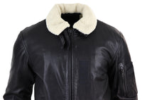 Mens Black Leather Bomber Jacket with White Collar