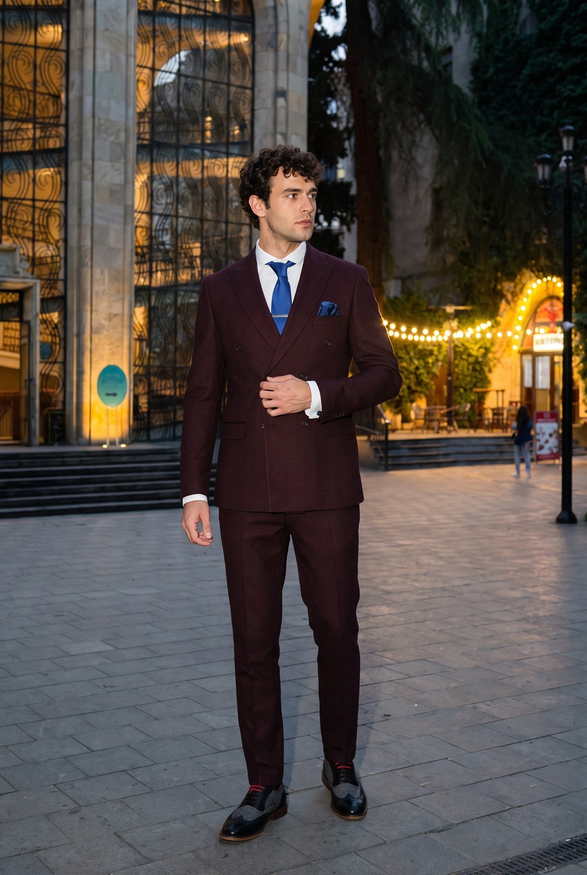 Look #733 styled with Regent - Pánský dvoudílný oblek s dvojitým zapínáním v vínové barvě