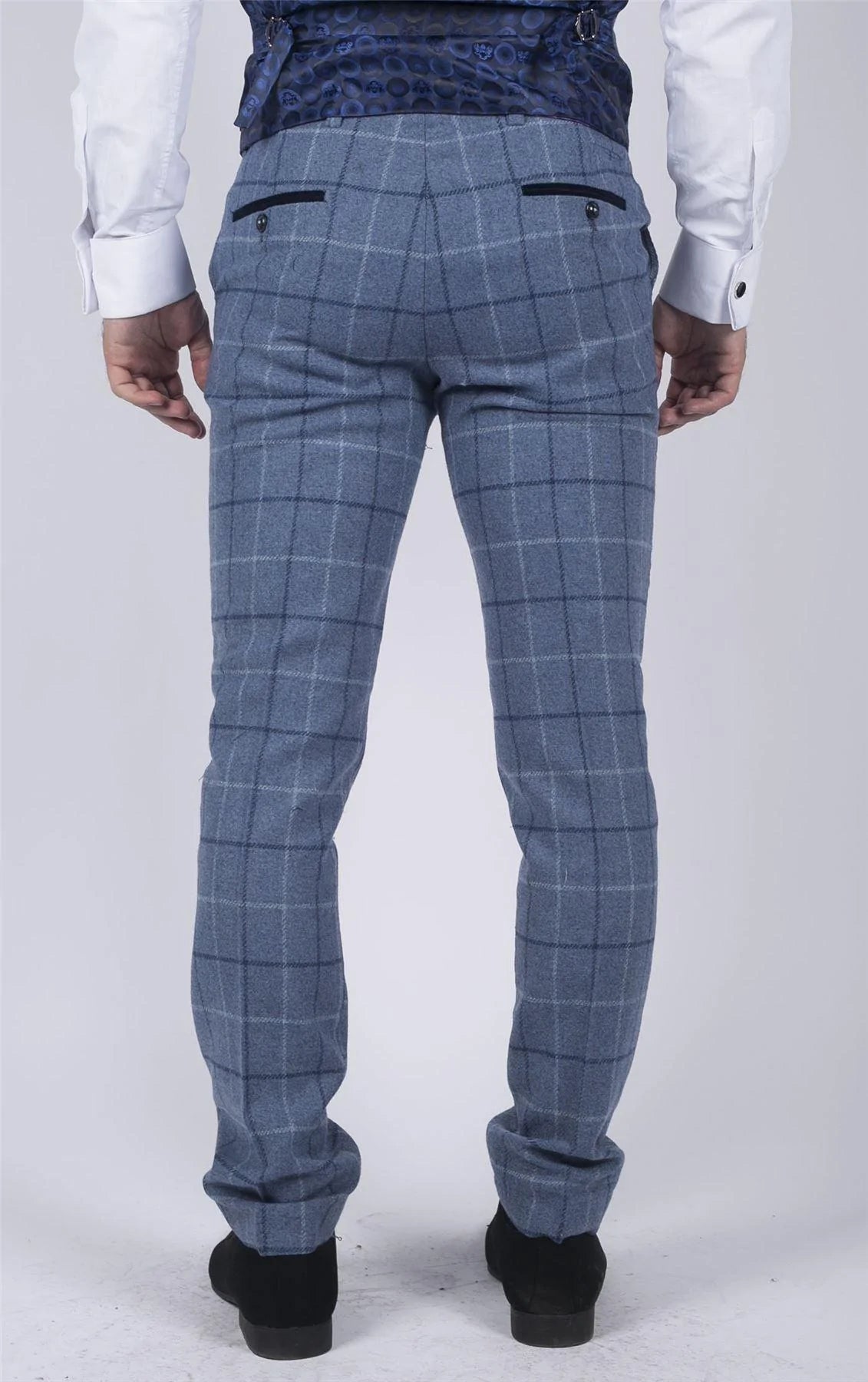 Mens Marc Darcy Light Blue Navy Check Trousers Smart Casual Tweed Slim Fit Clinton