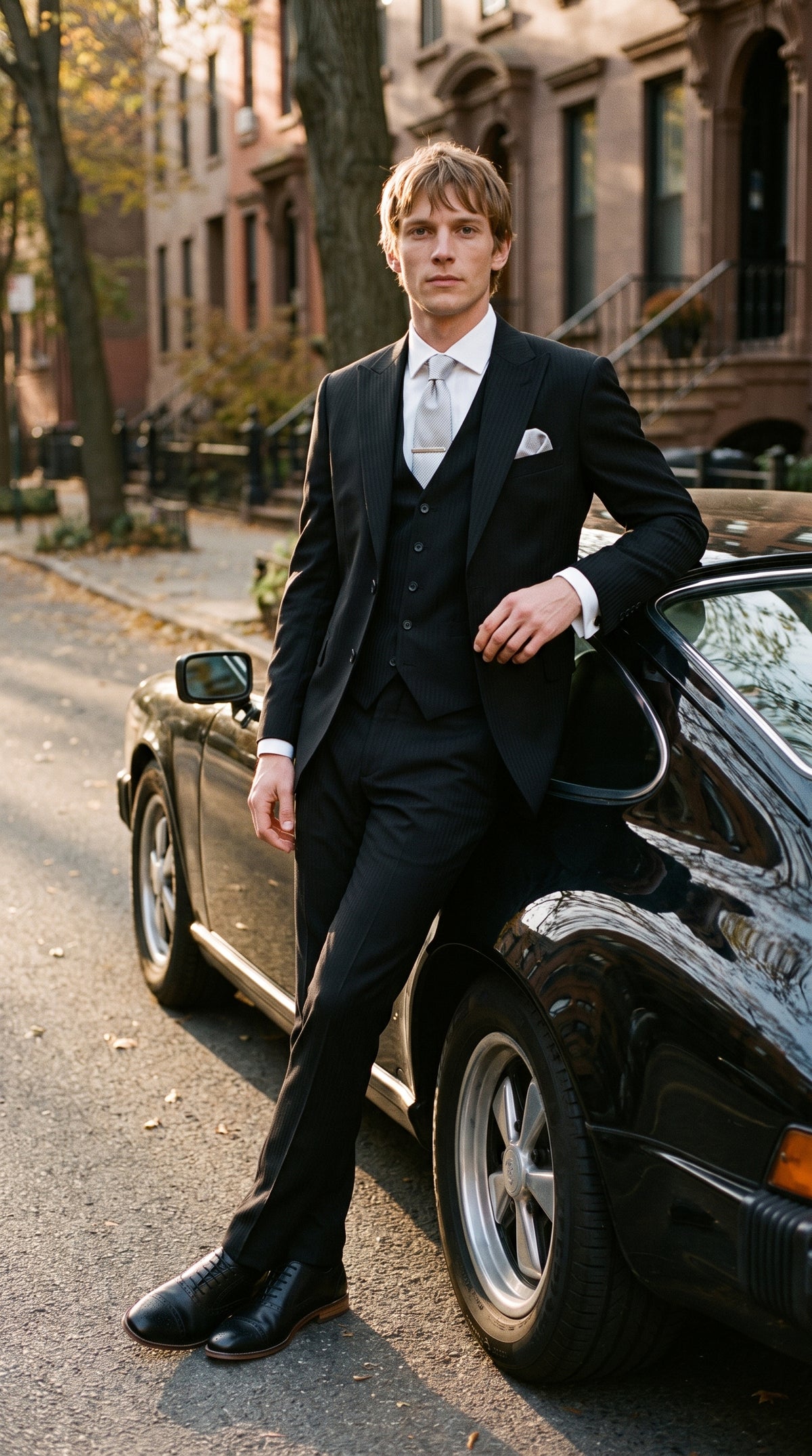 Look #819 styled with Roberto - Pánský černý třídílný oblek s vlněnou směsí a stíny