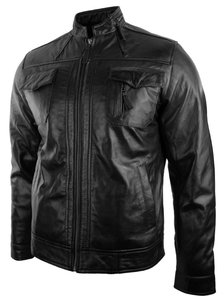 Real Leather Jacket Biker Style Vintage Black Zipped Design Casual Fitted for Men