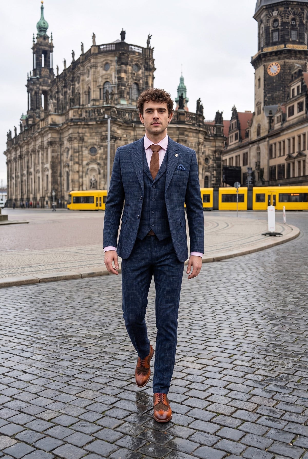 Look #981 styled with Pánský modrý třídílný oblek s tartanovou kostkou