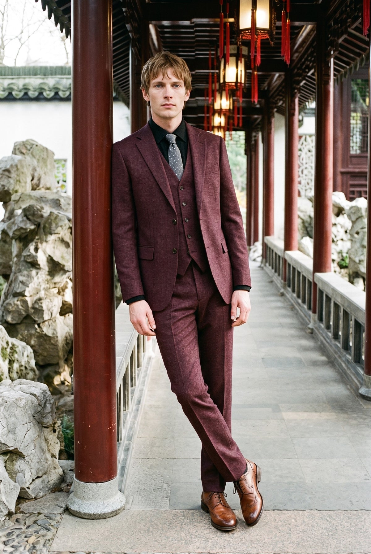 Look #237 styled with Caridi - Pánský třídílný kostkovaný oblek v vínové barvě