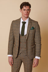 Pánský třídílný tvídový oblek s rybí kostí, hnědý kostkovaný vzor, padnoucí střih, dvojitý klasický střih