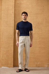 Pánský béžový lněný elegantní ležérní dvoudílný oblek se zipem vpředu v safari stylu, letní