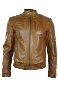 Real Leather Black Zipped Slim Fit Mens Biker Jacket Retro Vintage Smart Casual-Brown