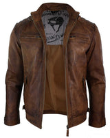 Real Leather Retro Style Zipped Mens Biker Jacket Soft Timber Vintage Look