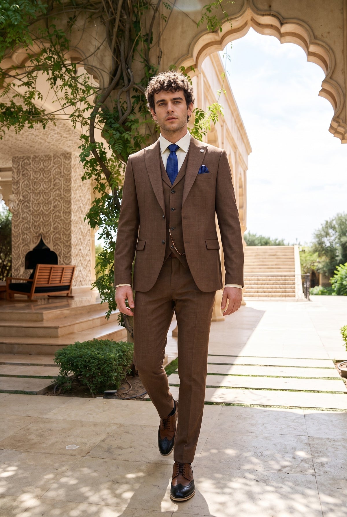 Look #328 styled with Pánský třídílný oblek James v hnědé barvě s klasickým střihem