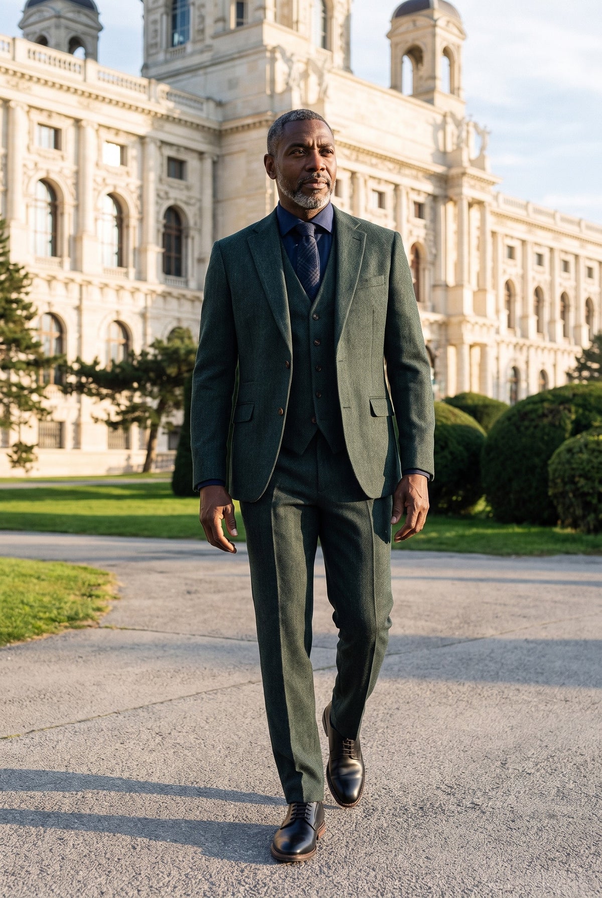Look #957 styled with Thomas - Olivově zelený třídílný tvídový oblek z vlněné směsi