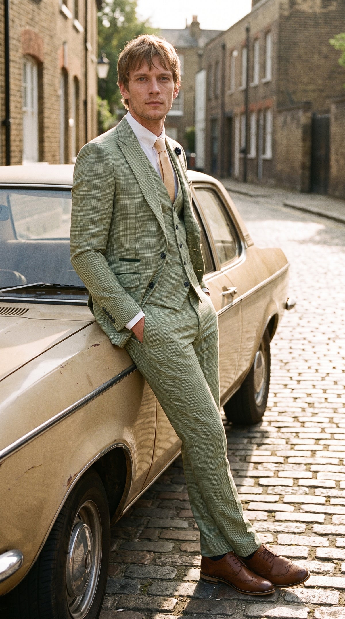 Look #257 styled with Caridi - Pánský šalvějově zelený kostkovaný třídílný oblek
