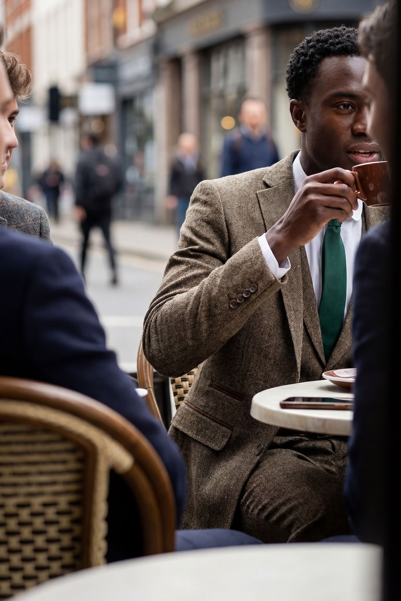 Dubovo-hnědý tvídový třídílný oblek s motivem rybí kosti