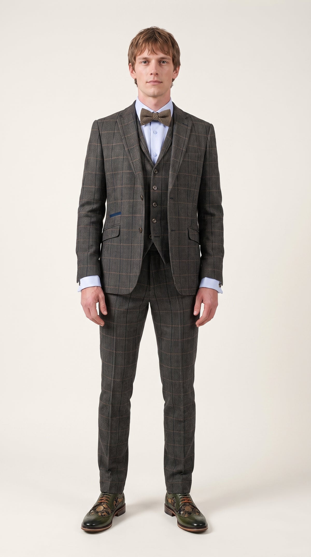 Look #330 styled with Cavani Albert - Pánský třídílný oblek s tvídovým vzorem a rybí kostkou - tmavě hnědý