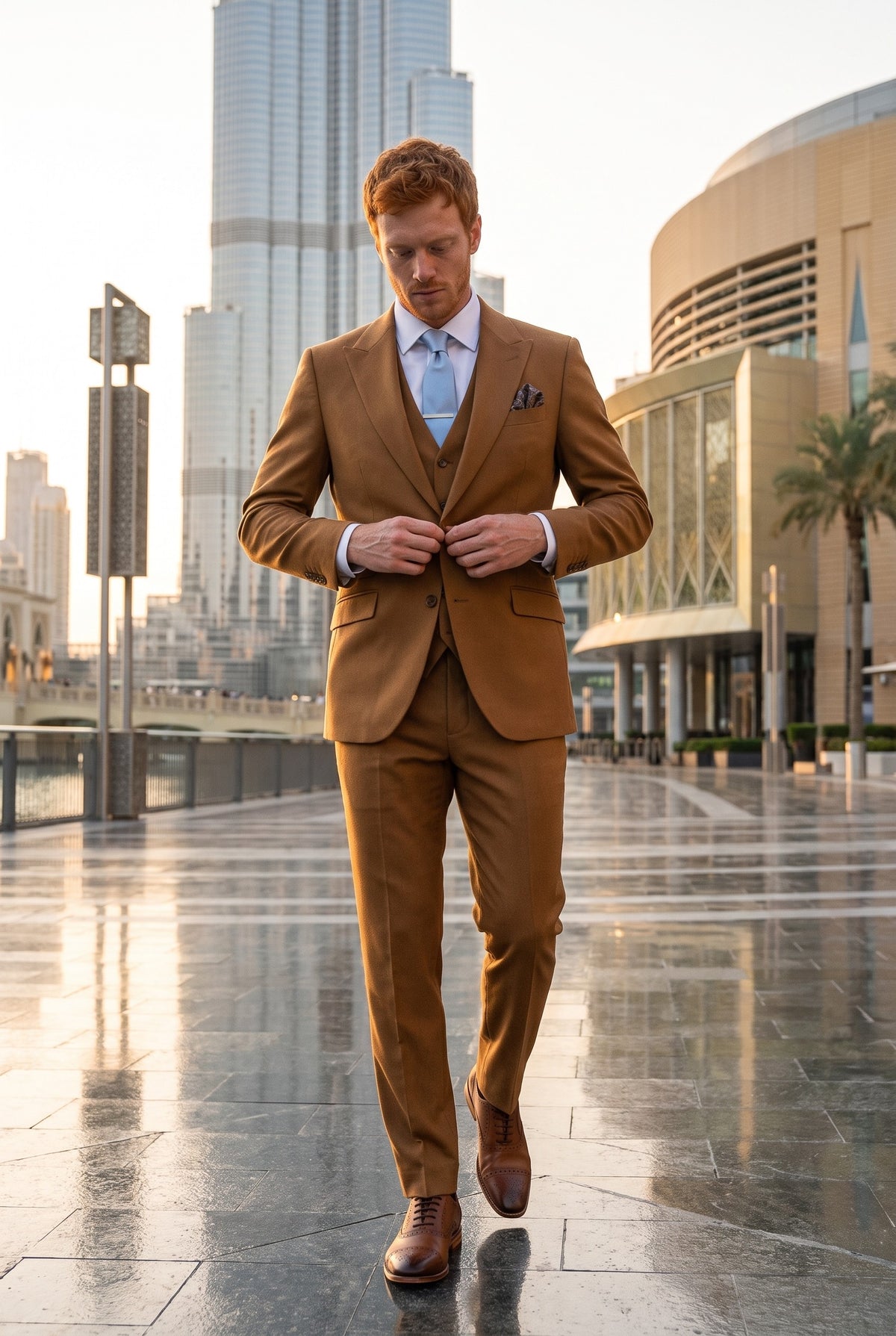 Look #952 styled with James - Pánský třídílný vlněný oblek camel hnědé barvy, padnoucí střih