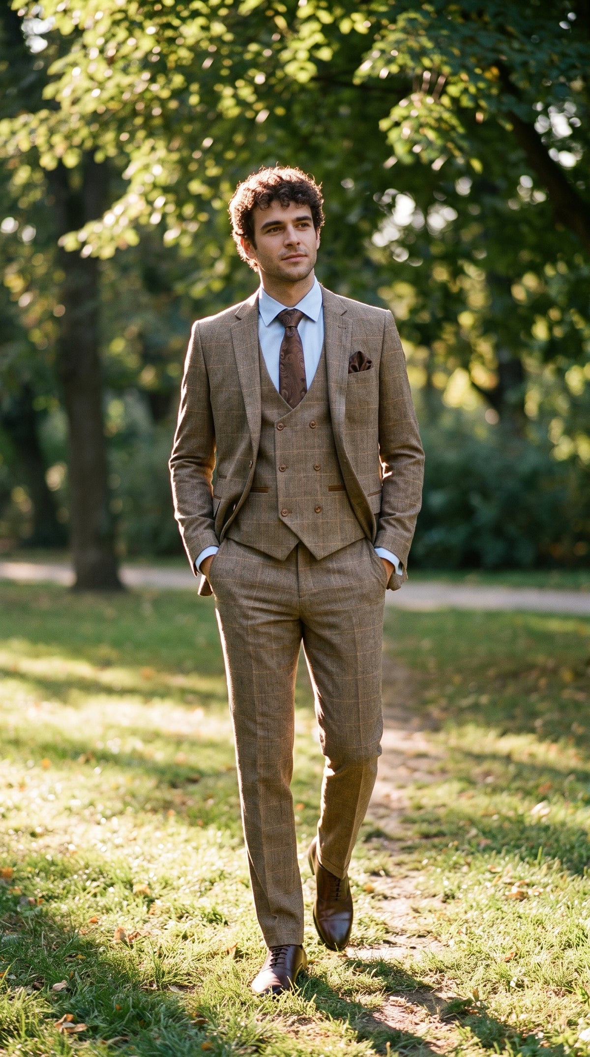 Look #343 styled with Pánský třídílný tvídový oblek s rybí kostí, hnědý kostkovaný vzor, padnoucí střih, dvojitý klasický střih