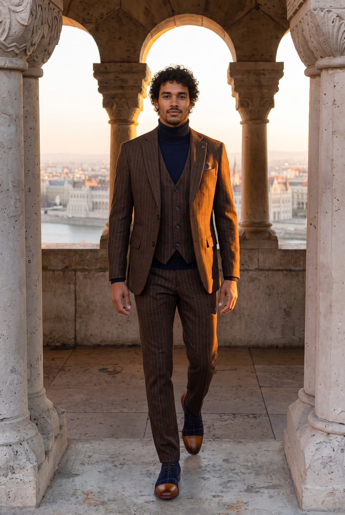 Look #959 styled with Pánský hnědý třídílný oblek s úzkým proužkem