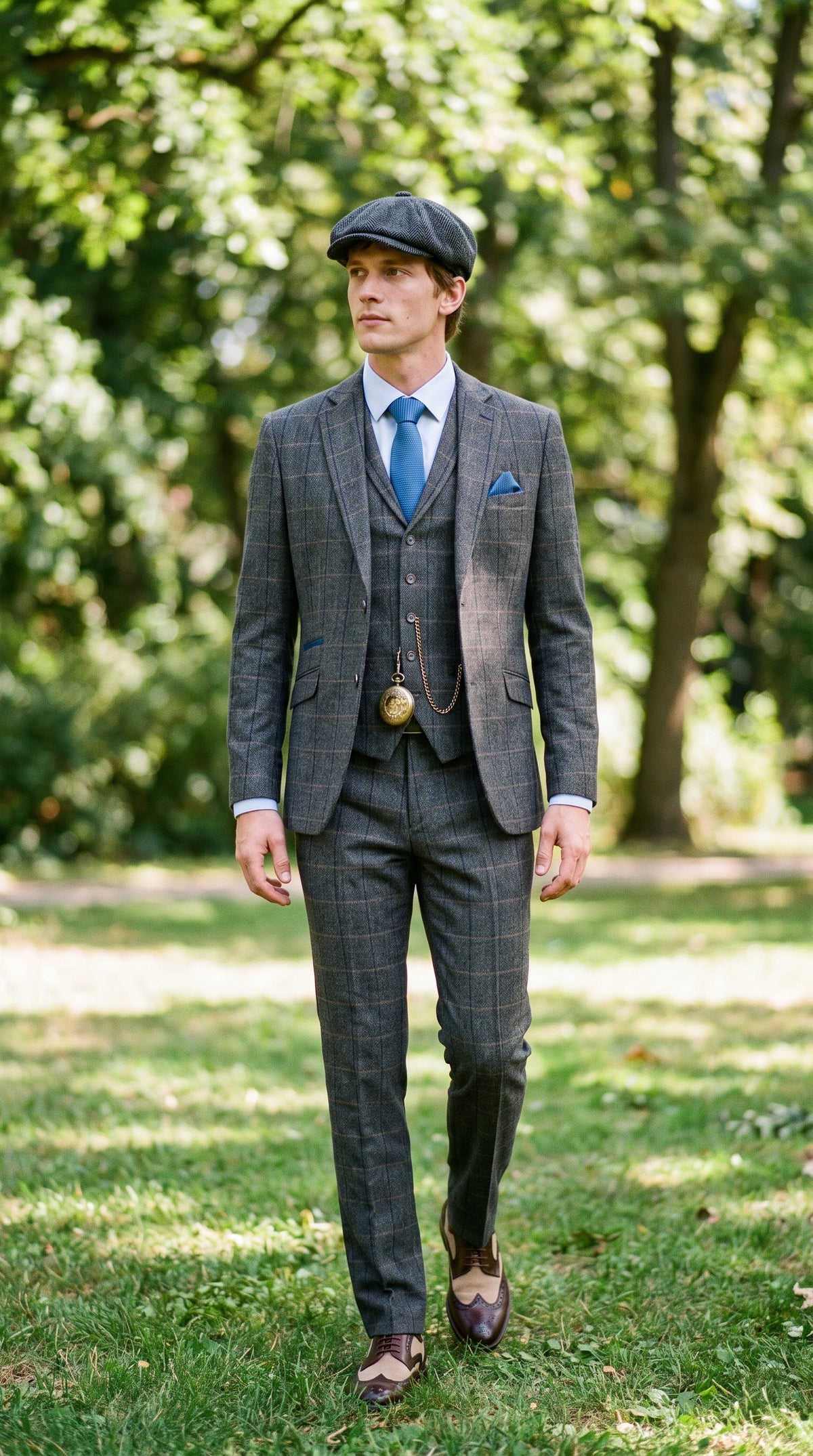 Look #132 styled with Cavani Albert - Pánský třídílný oblek s tvídovým vzorem a rybí kostkou - tmavě hnědý