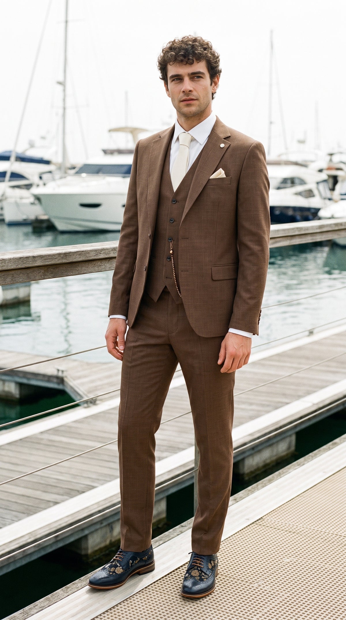 Look #307 styled with Pánský třídílný oblek James v hnědé barvě s klasickým střihem