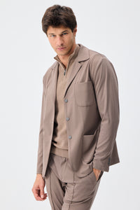 Pánské elegantní ležérní sako z měkkého žerzeje v taupe hnědé barvě